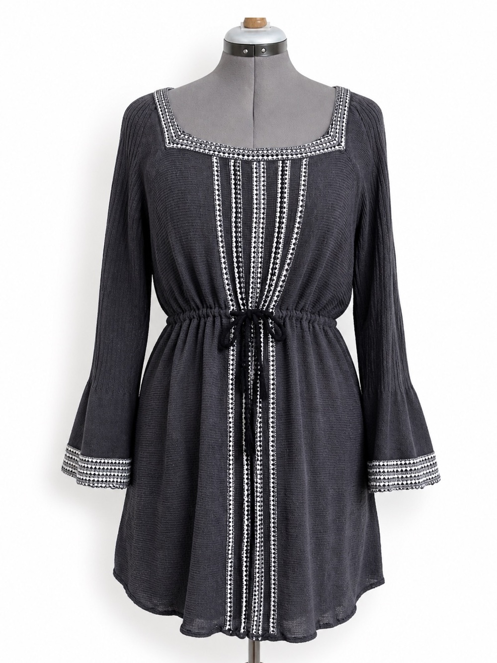Boho Swim Cover Up Tunic Dress 1X Gray Embroidered Beach Drawstring Waist Plus